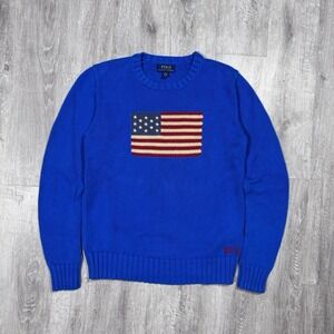Vintage Polo Ralph Lauren Traditional Style American Flag Beautiful Blue Knit